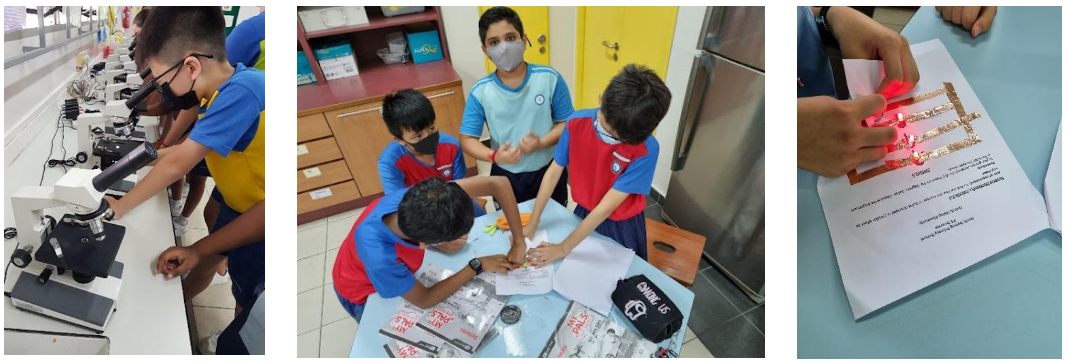 Three school science scenes: students using microscopes, boys collaborating at a table, and a hand holding a lit circuit on paper.